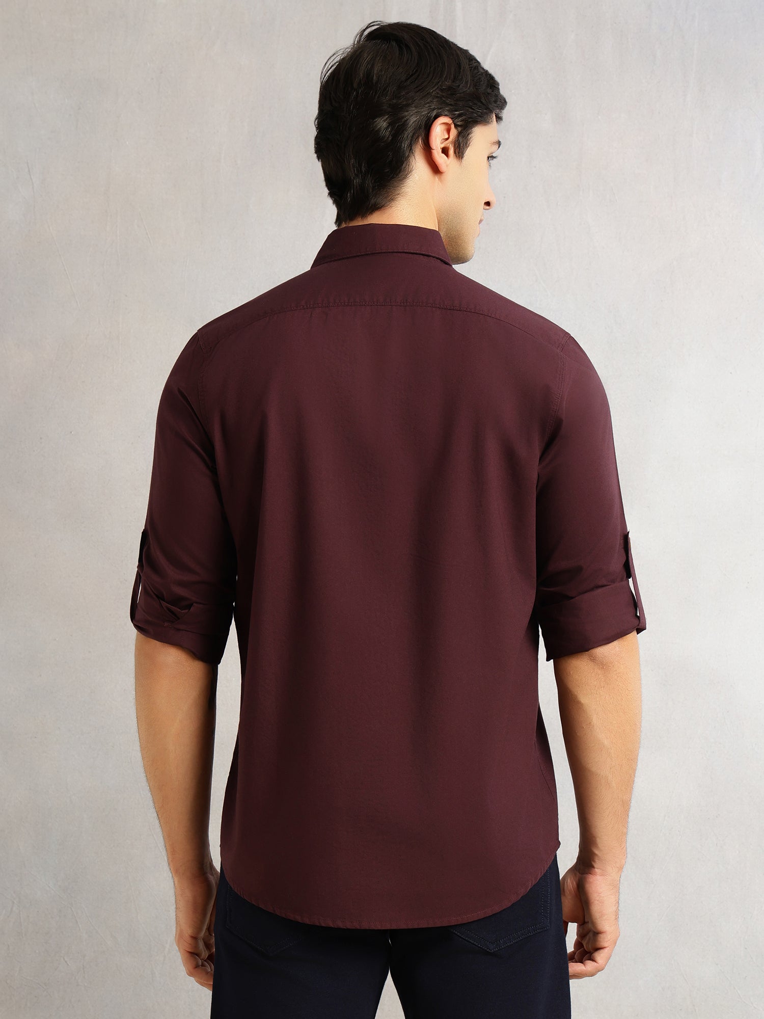 Thomas Scott Men Wine Slim Fit Long Sleeves Spread Collar Solid 100% Cotton Twill Casual Shirt