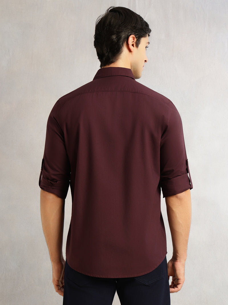 Thomas Scott Men Wine Slim Fit Long Sleeves Spread Collar Solid 100% Cotton Twill Casual Shirt