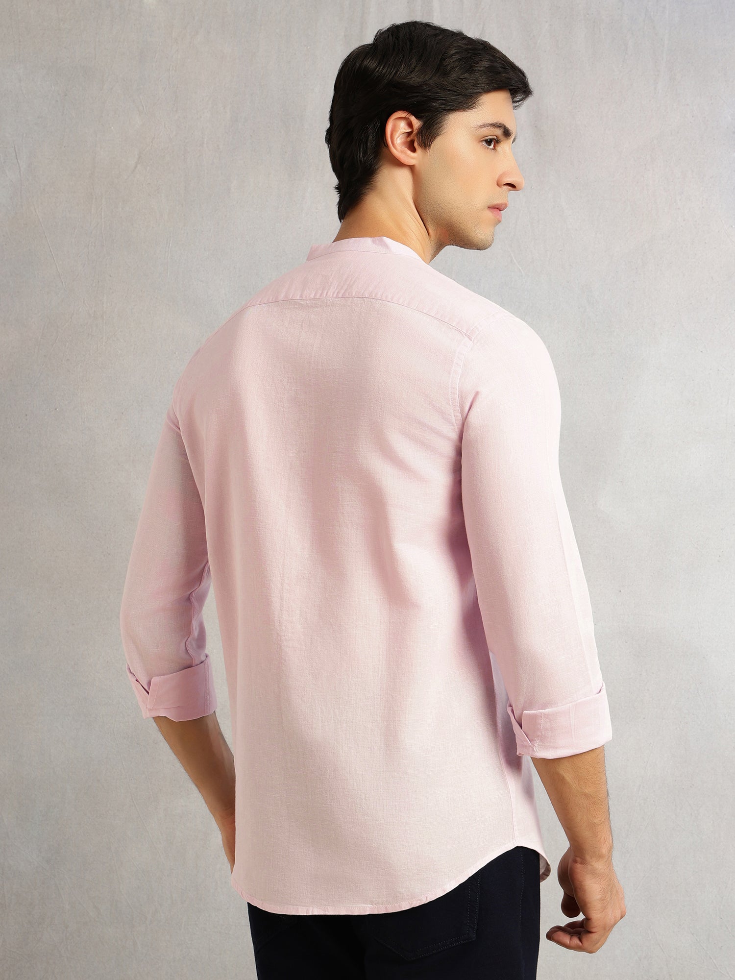 Thomas Scott Men Pink Premium Slim Fit Long Sleeves Mandarin Collar Solid Cotton Linen Casual Shirt