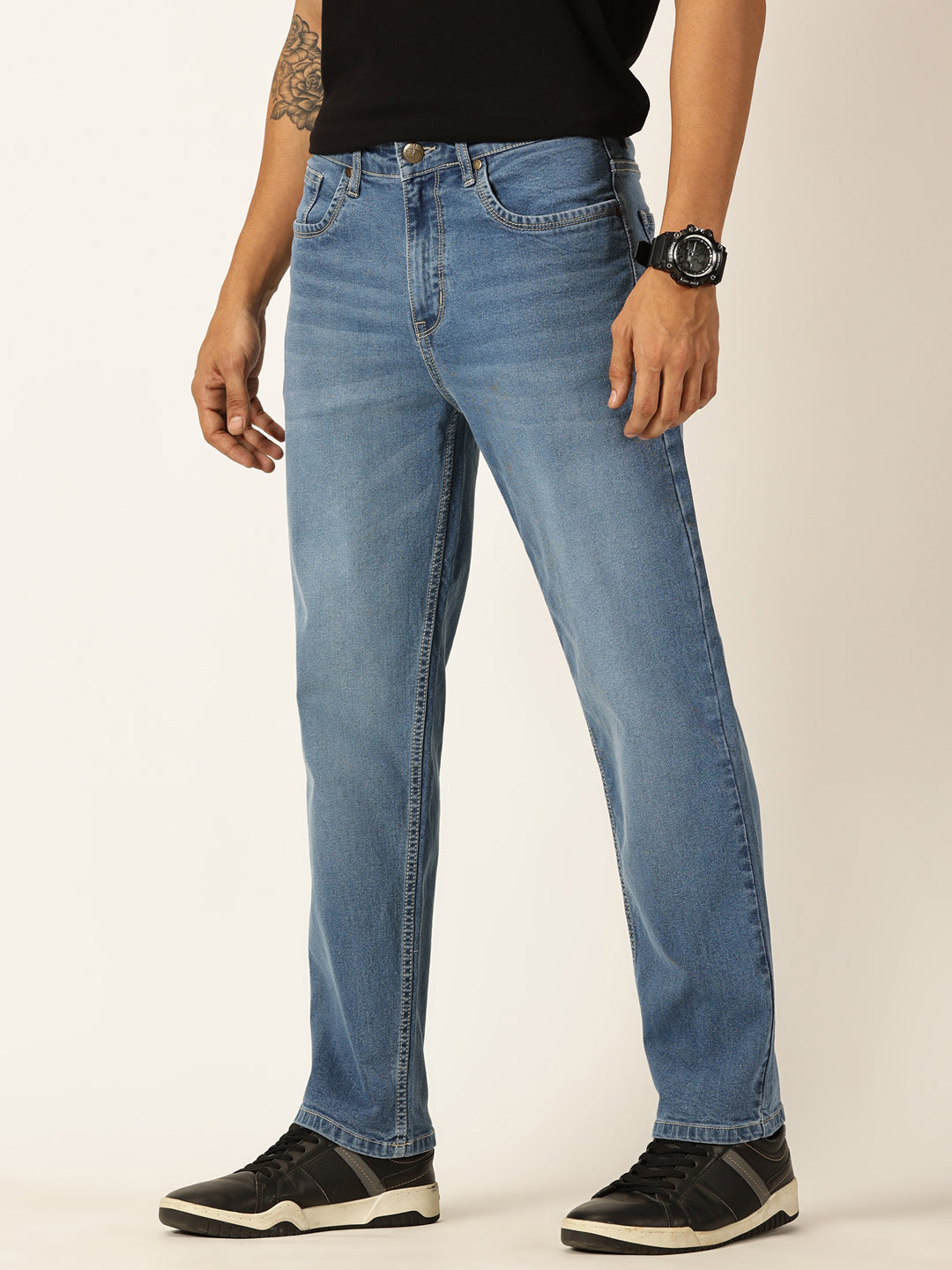 Thomas Scott Men Mid Blue Relaxed Fit Mid-Rise Medium Shade Light Fade Clean Look 5 Pocket Design Stretchable Jeans