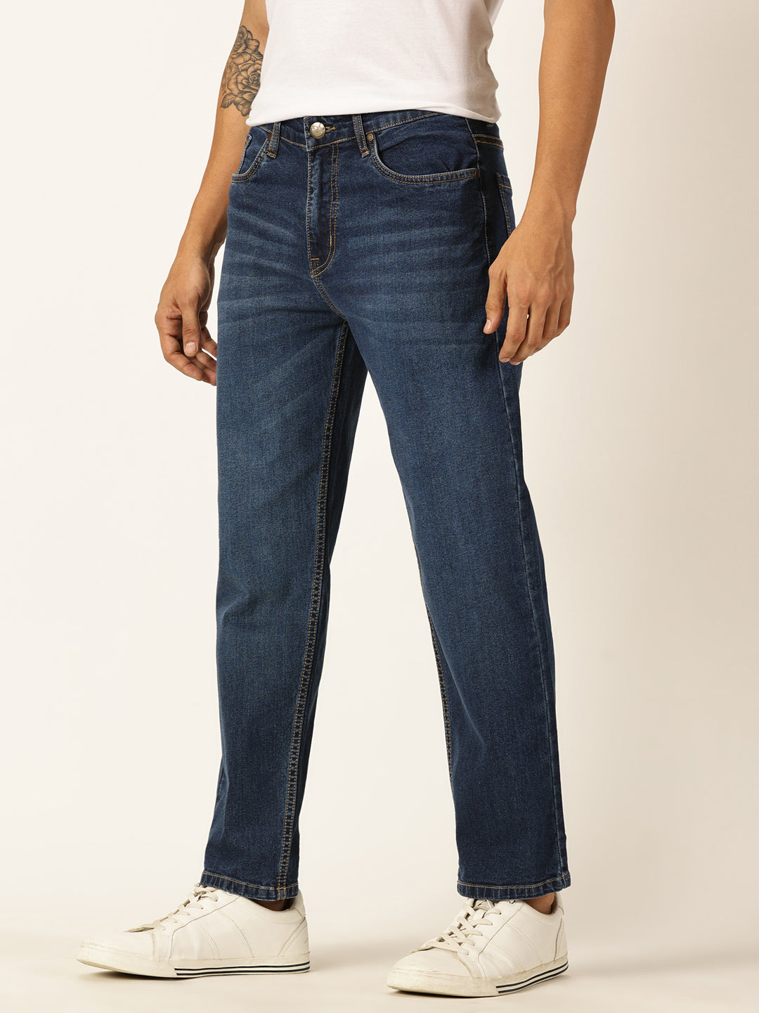 Thomas Scott Men Dark Blue Relaxed Fit Mid-Rise Clean Look Medium Shade Light Fade 5 Pocket Design Stretchable Jeans
