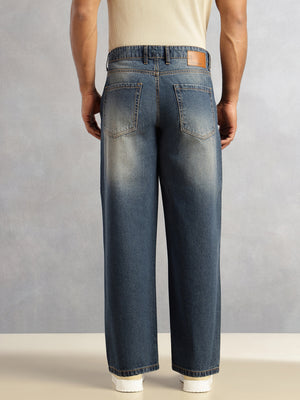 Dark Blue Baggy Fit Medium Shade Light Fade 5 Pocket Design Non Stretchable Jeans For Men