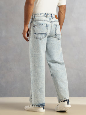 Light Blue Mid-Rise Light Shade Baggy Fit Clean Look 5 Pocket Design Non Stretchable Jeans For Men