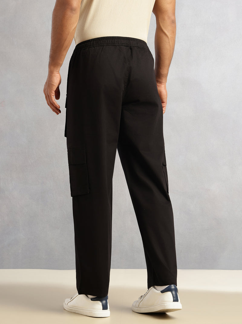 Thomas Scott Men Black Relaxed Loose Fit 100% Cotton Solid Drawstring Closure Woven Cargo Trouser