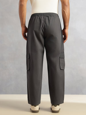 Thomas Scott Men Dark Grey Relaxed Loose Fit 100% Cotton Solid Drawstring Closure Woven Cargo Trouser