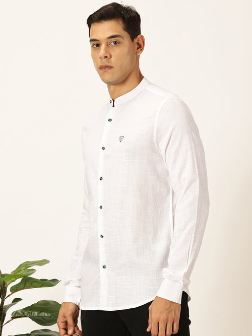 Thomas Scott Men White Slim Fit Long Sleeves Solid Mandarin Collar Cotton Linen Casual Shirt