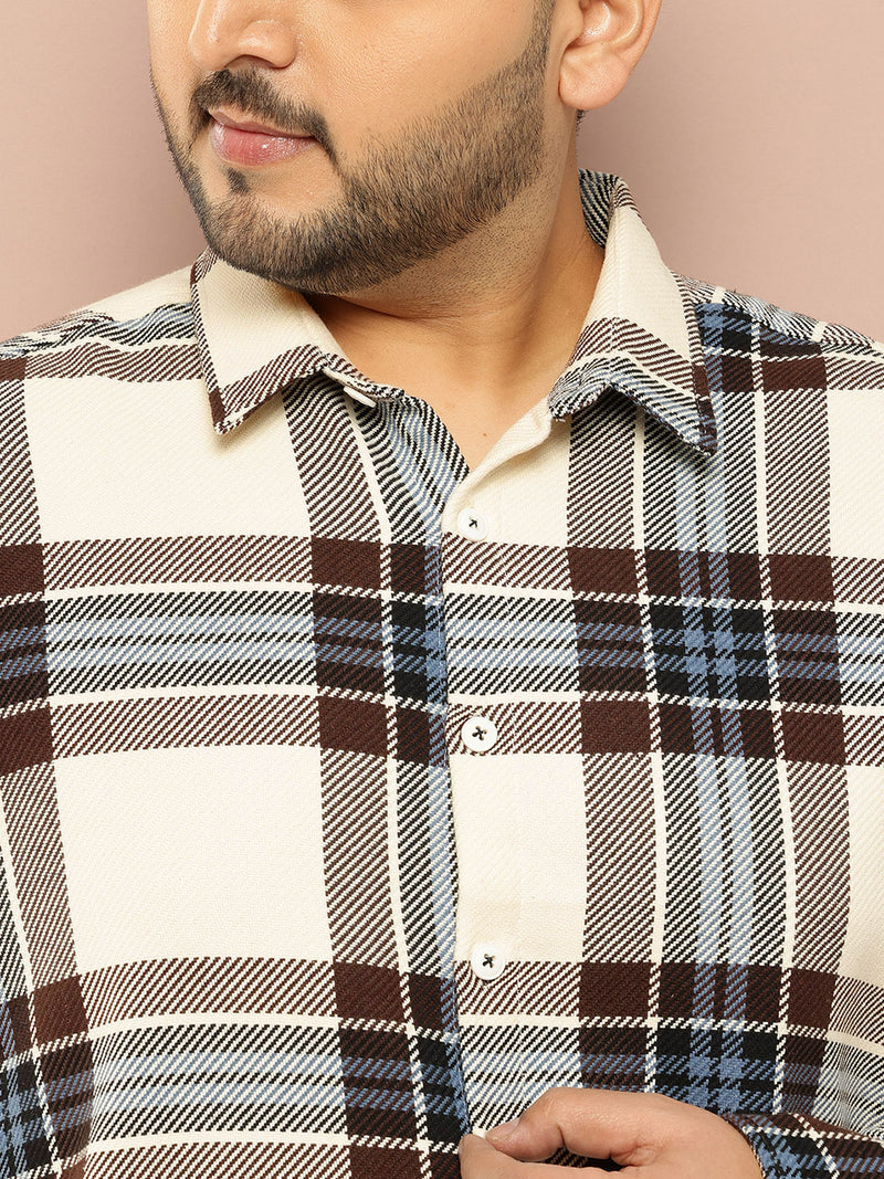 Thomas Scott Men Cream Plus Size Regular Fit Long Sleeves Spread Collar Windowpane Checks 100% Cotton Casual Shirt