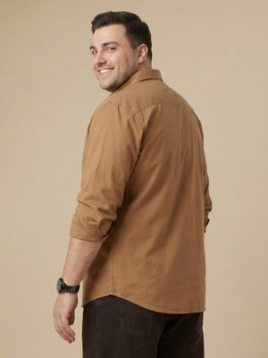 Light Brown Plus Size Regular Fit Spread Collar Long Sleeve Cotton Casual Shirt For Men