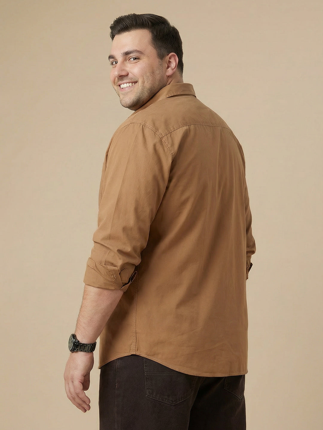 Thomas Scott Men Light Brown Cotton Casual Shirt Plus Size Regular Fit Spread Collar Long Sleeve