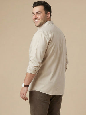 Beige Cotton Plus Size Regular Fit Spread Collar Long Sleeve Casual Shirt For Men