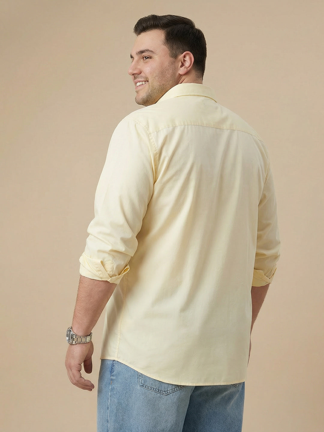 Thomas Scott Men Yellow Cotton Casual Shirt Plus Size Regular Fit Spread Collar Long Sleeve