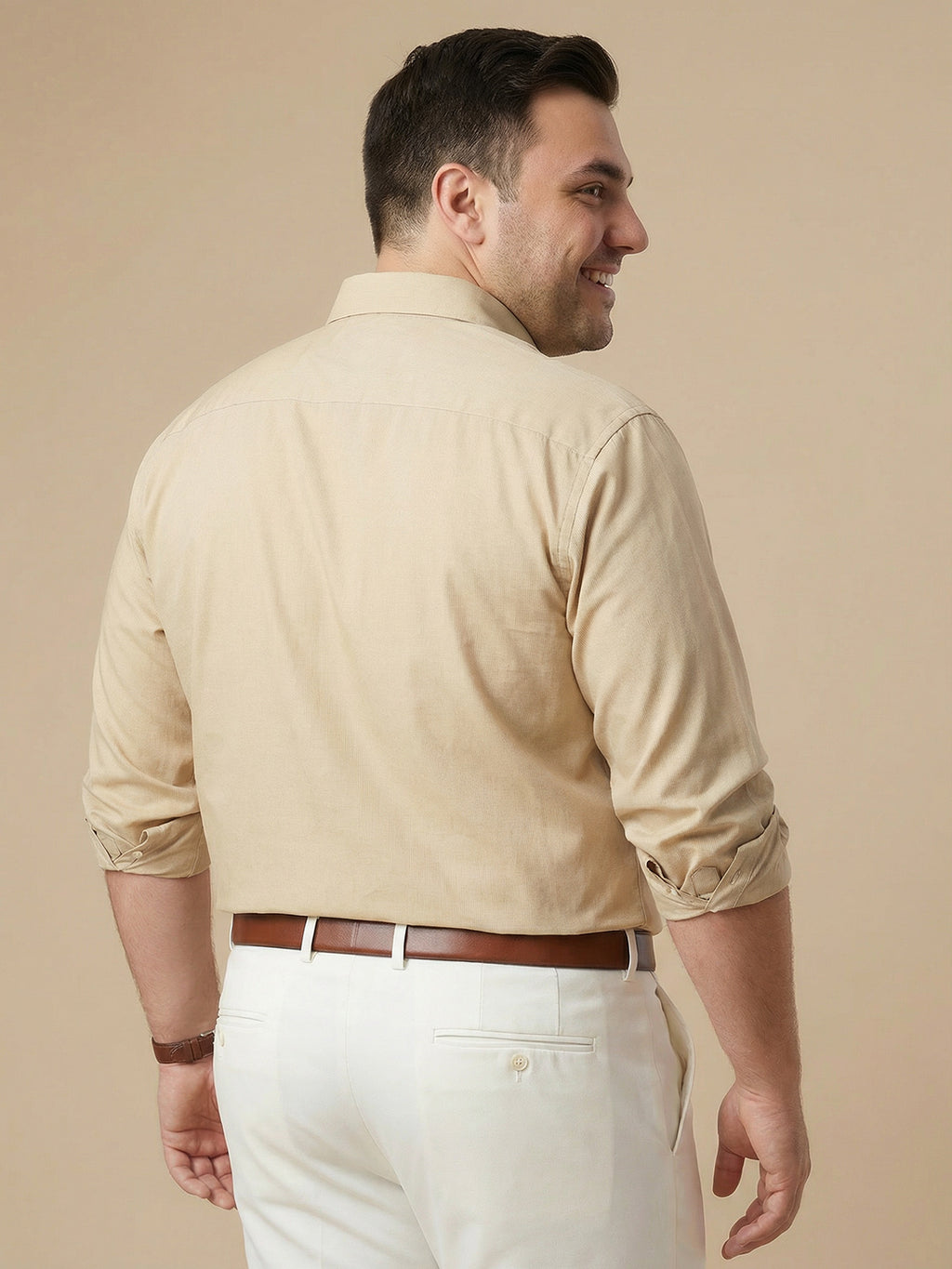 Thomas Scott Men Beige Plus Size Smart Long Sleeves Regular Fit Spread Collar Solid 100% Cotton Formal Shirt
