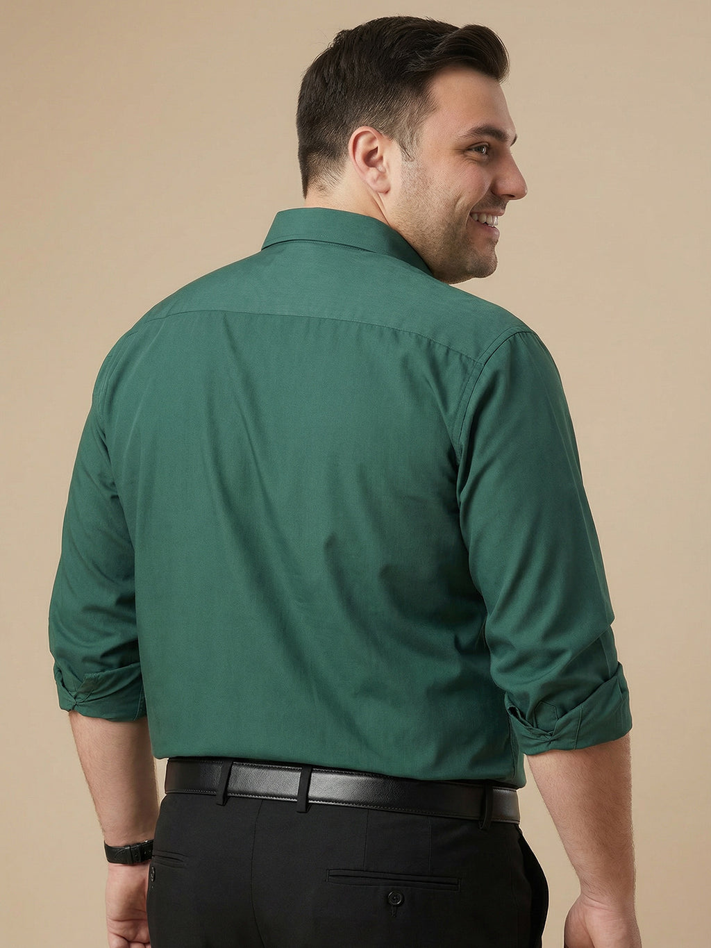 Thomas Scott Men Green Plus Size Smart Long Sleeves Regular Fit Spread Collar Solid 100% Cotton Formal Shirt