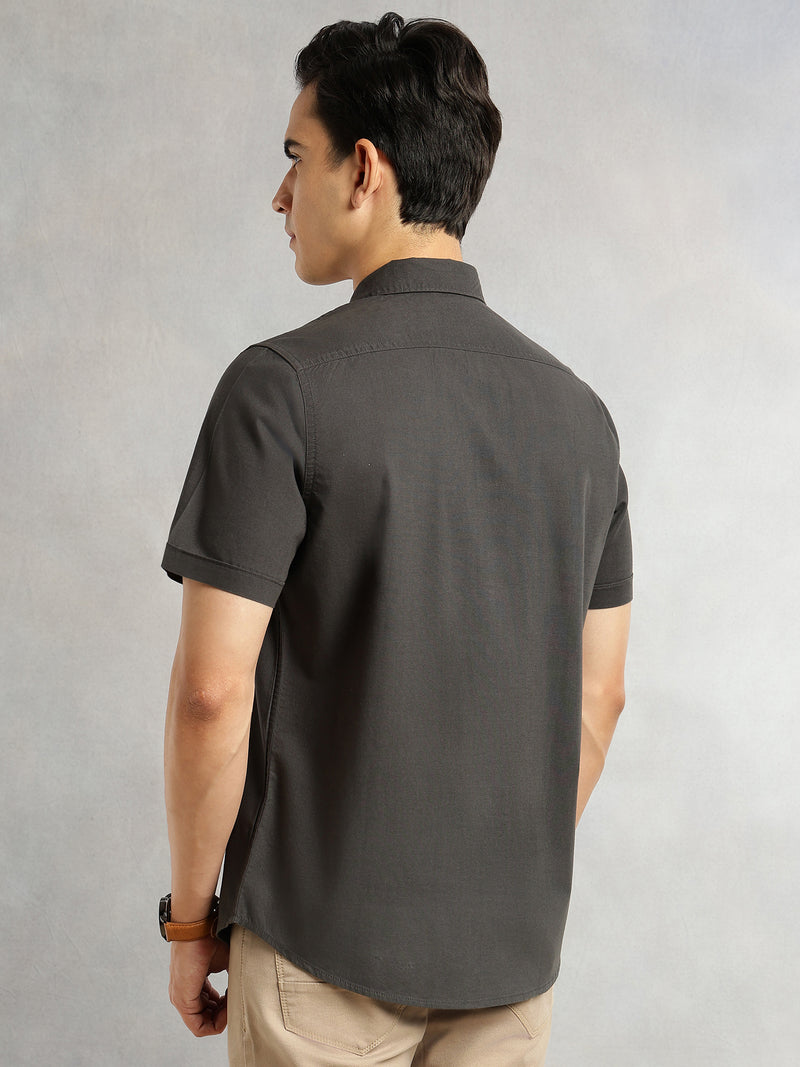 Thomas Scott Men Steel Grey Men Cricket Club Collection Premium Slim Fit Casual Shirt-Dual Flap Pockets With Short Sleeves