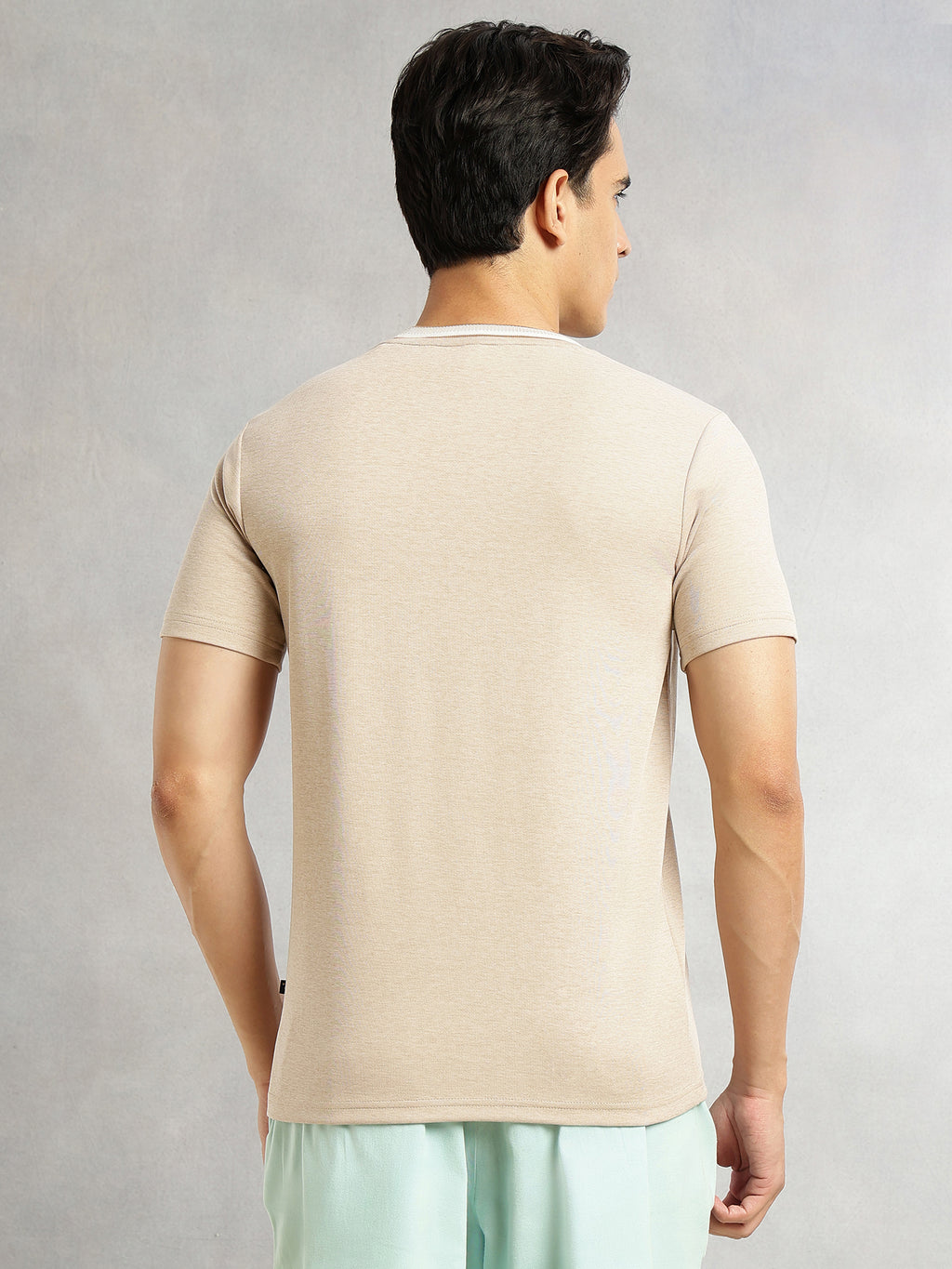 Thomas Scott Men Beige Regular Fit Short Sleeves Round Neck Solid Knitted Tshirt