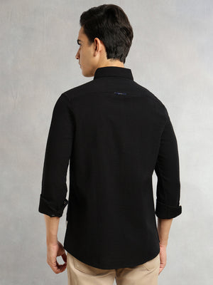 Thomas Scott Men Black Premium Slim Fit Long Regular Sleeves Button-Down Collar Pinstripes 100% Cotton Seersucker Casual Shirt