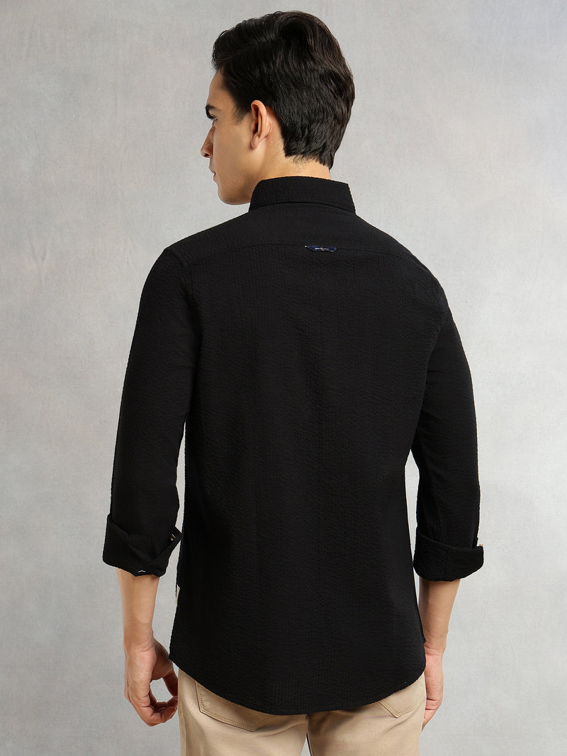 Thomas Scott Men Black Premium Slim Fit Long Regular Sleeves Button-Down Collar Pinstripes 100% Cotton Seersucker Casual Shirt