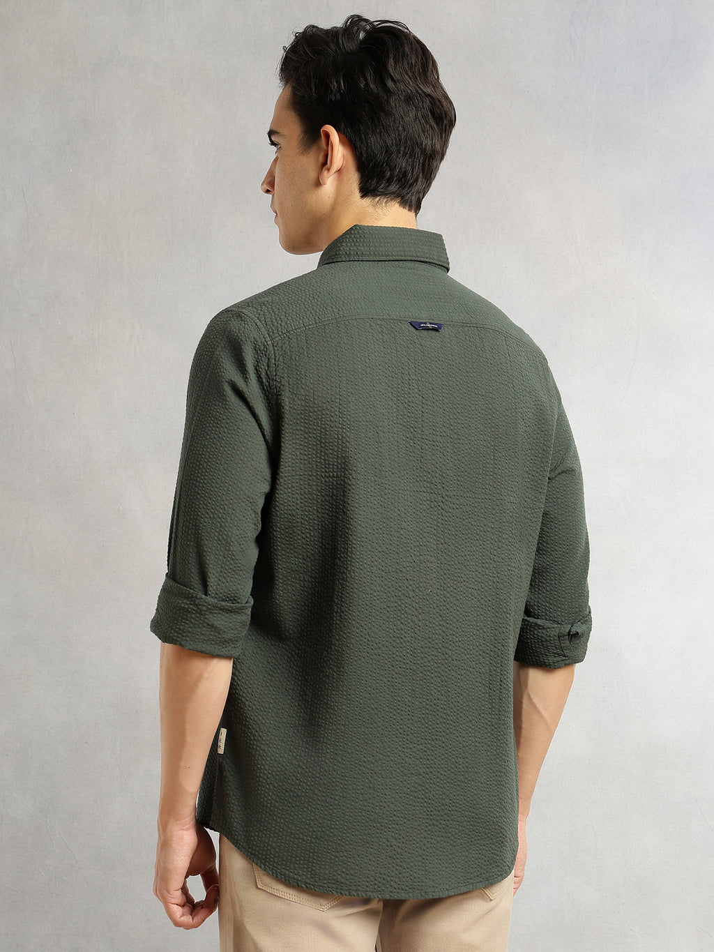 Thomas Scott Men Olive Premium Slim Fit Long Regular Sleeves Button-Down Collar Pinstripes 100% Cotton Seersucker Casual Shirt