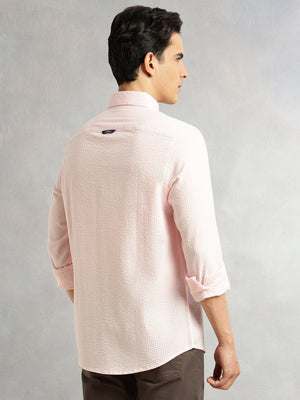 Thomas Scott Men Pink Premium Slim Fit Long Regular Sleeves Button-Down Collar Pinstripes 100% Cotton Seersucker Casual Shirt