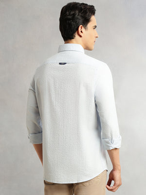 Thomas Scott Men Sky Blue Premium Slim Fit Long Regular Sleeves Button-Down Collar Pinstripes 100% Cotton Seersucker Casual Shirt