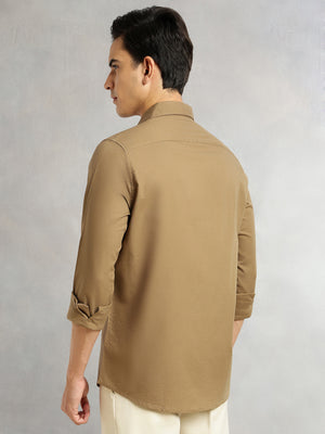 Khaki Regular Fit Long Sleeves Spread Collar Oxford Embroidered Shirt For Men
