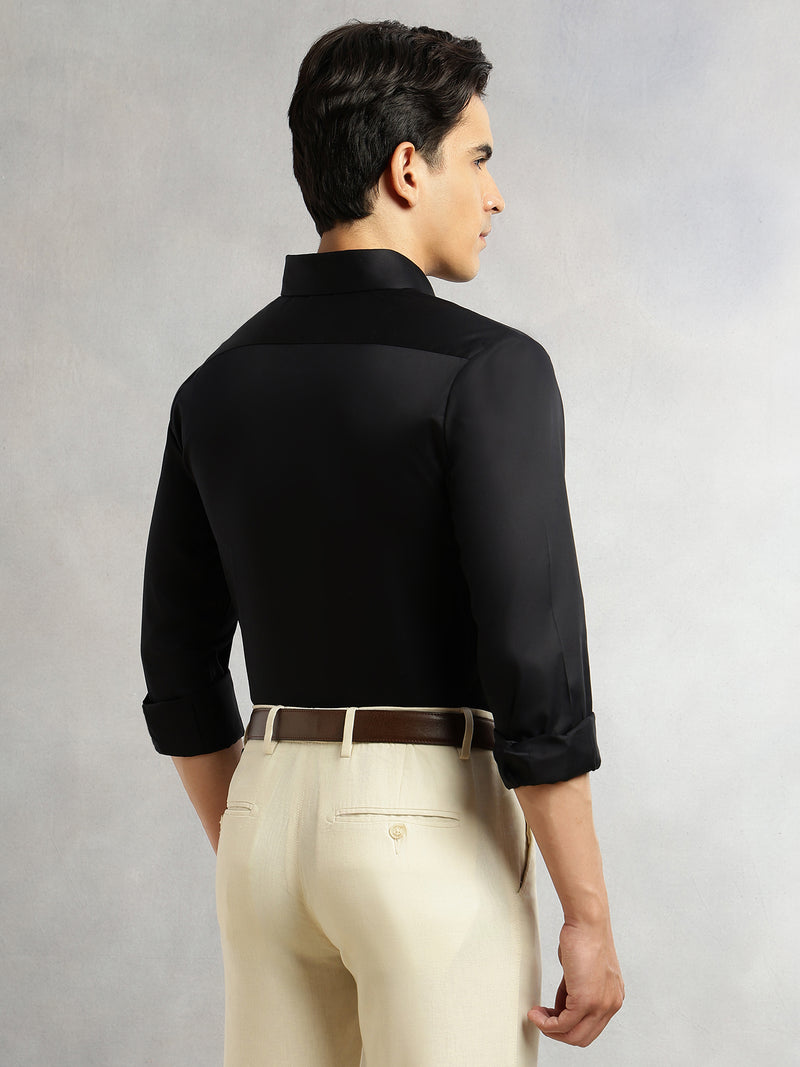 Thomas Scott Men Black Premium Long Sleeves Regular Fit Spread Collar Solid 100% Cotton Formal Shirt