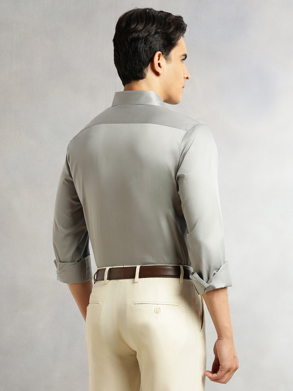 Thomas Scott Men Grey Premium Long Sleeves Regular Fit Spread Collar Solid 100% Cotton Formal Shirt