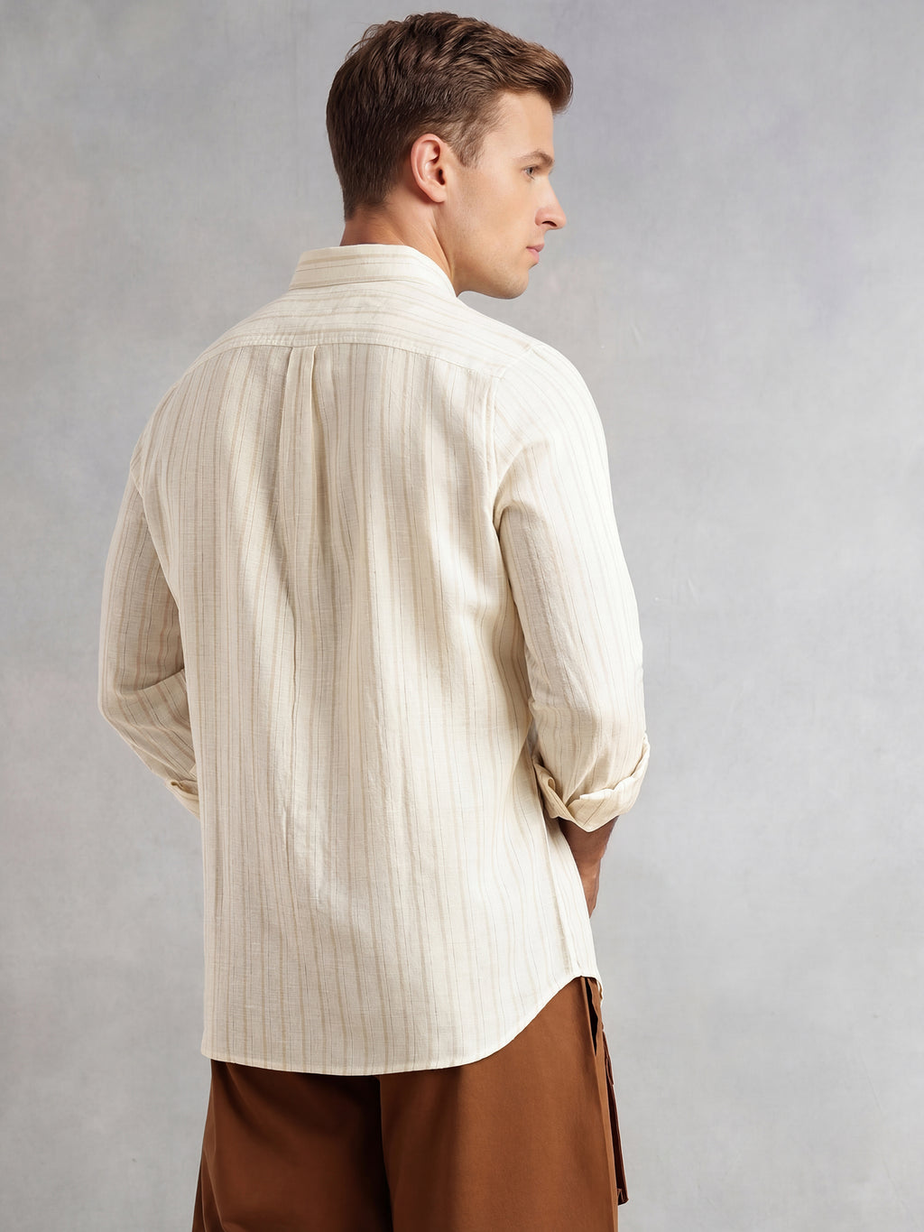 Thomas Scott Men Beige Slim Fit Long Sleeve Button-Down Collar Vertical Striped Linen Casual Shirt