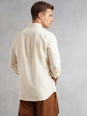 Thomas Scott Men Beige Slim Fit Long Sleeve Button-Down Collar Vertical Striped Linen Casual Shirt