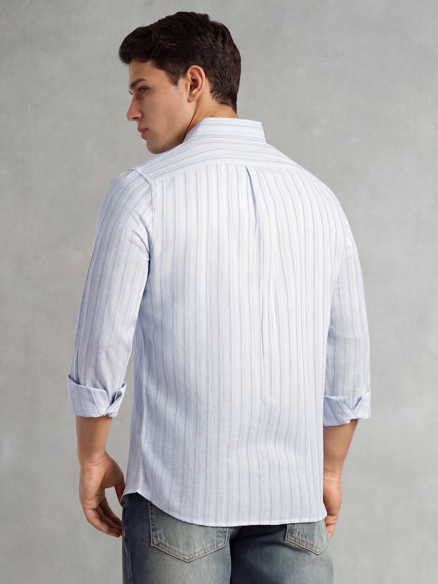 Thomas Scott Men Blue Slim Fit Long Sleeve Button-Down Collar Vertical Striped Linen Casual Shirt