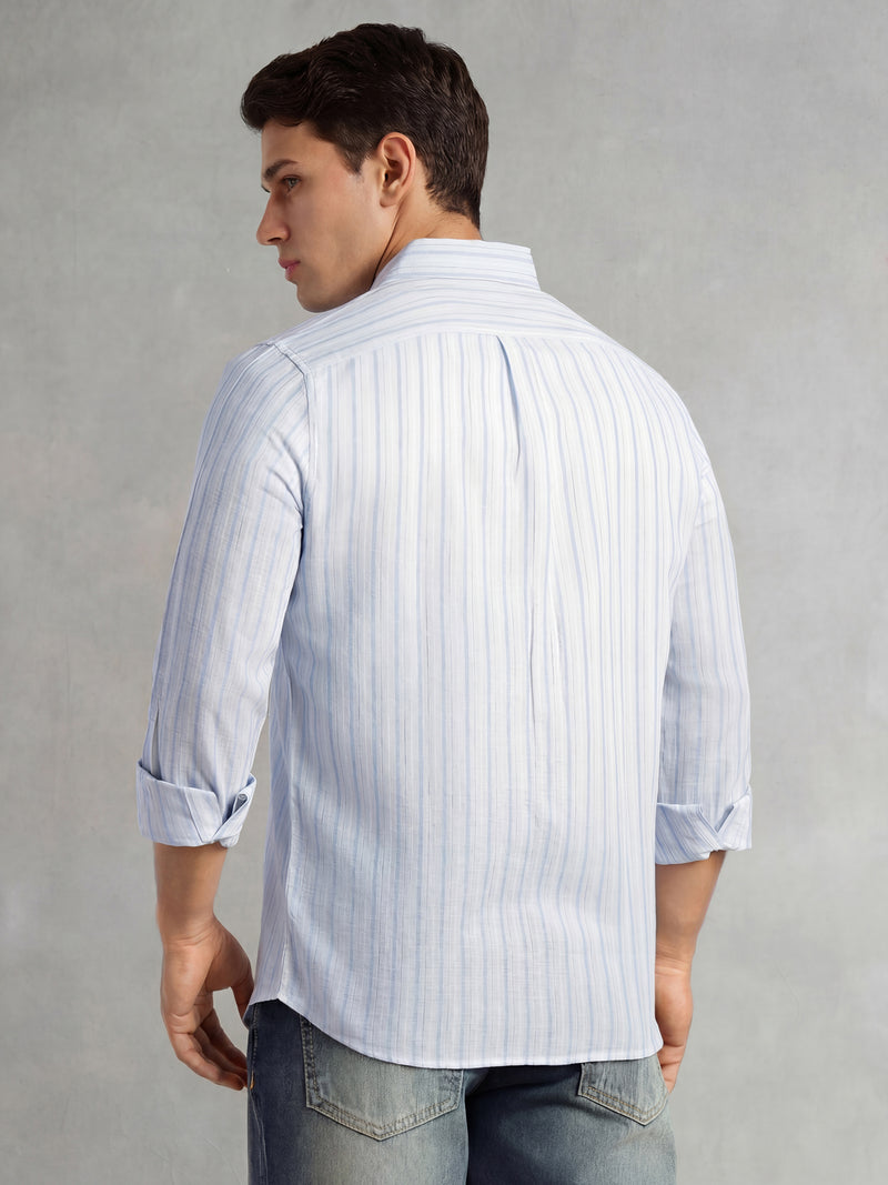 Thomas Scott Men Blue Slim Fit Long Sleeve Button-Down Collar Vertical Striped Linen Casual Shirt