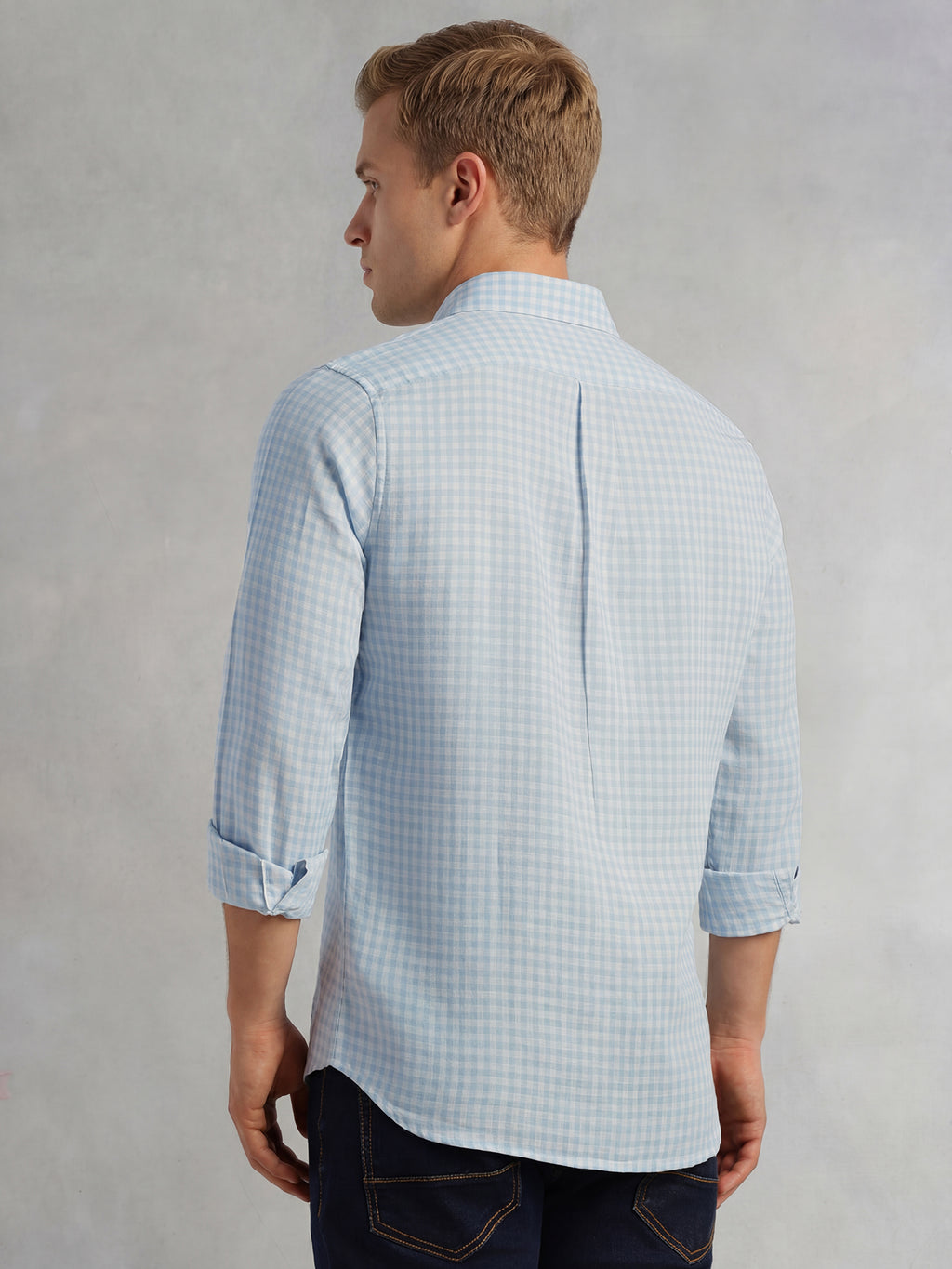Thomas Scott Men Blue Slim Fit Long Sleeves Button-Down Collar Gingham Checks Linen Casual Shirt
