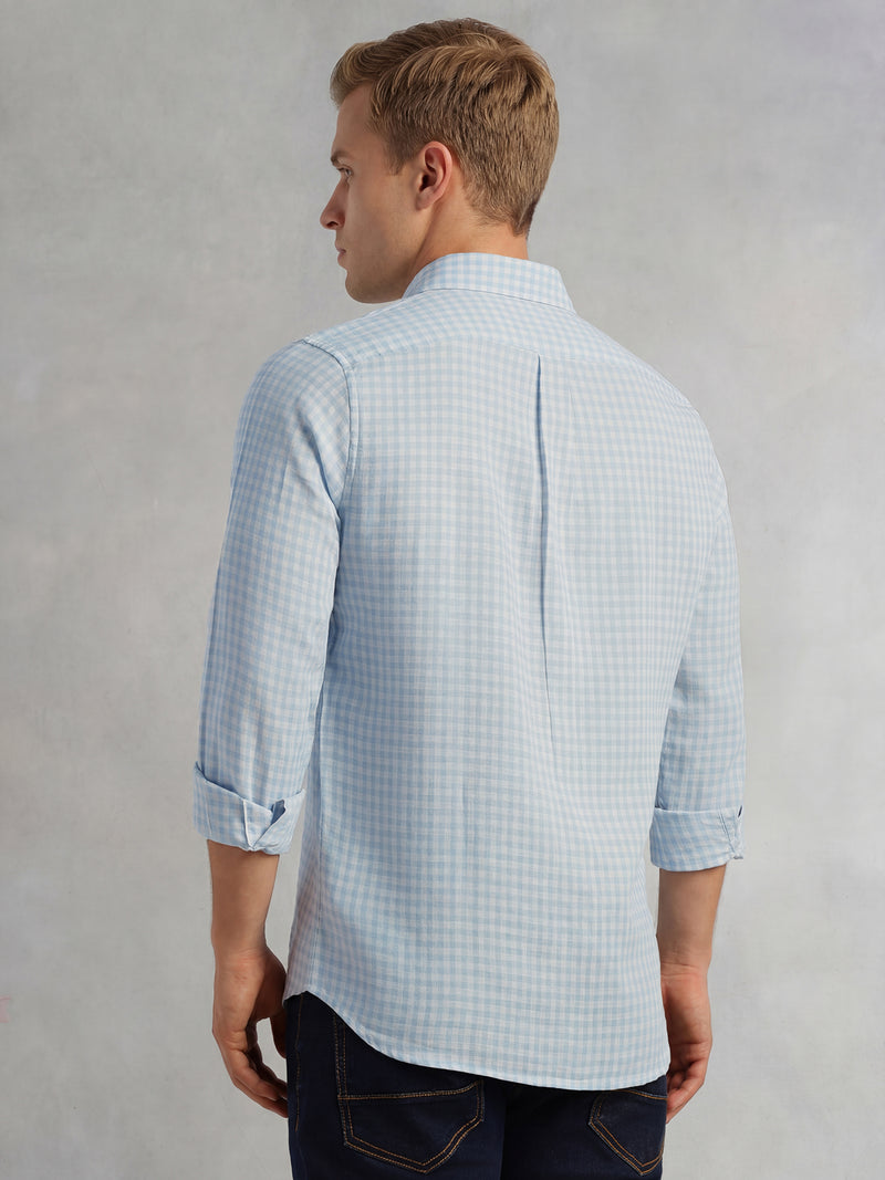 Thomas Scott Men Blue Slim Fit Long Sleeves Button-Down Collar Gingham Checks Linen Casual Shirt