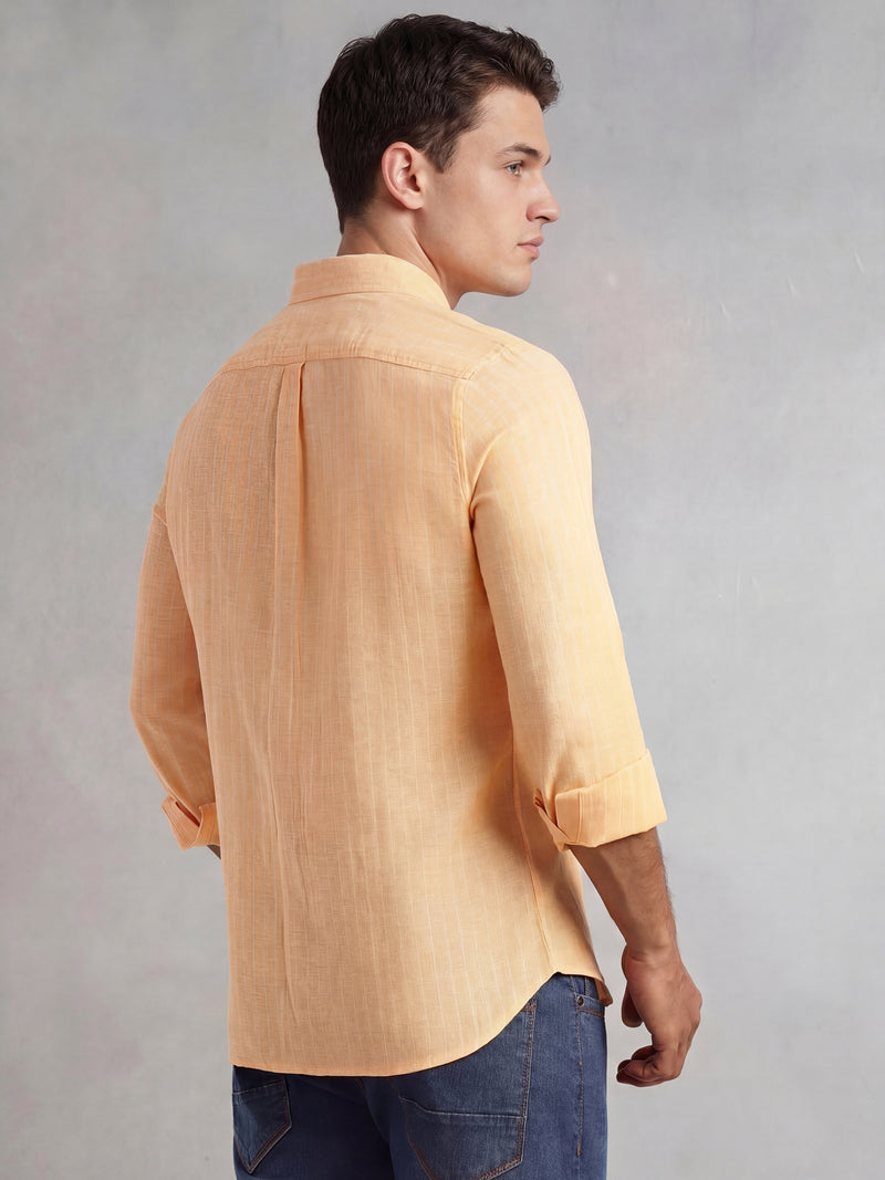 Thomas Scott Men Orange Slim Fit Long Regular Sleeves Vertical Striped Button-Down Collar Linen Casual Shirt