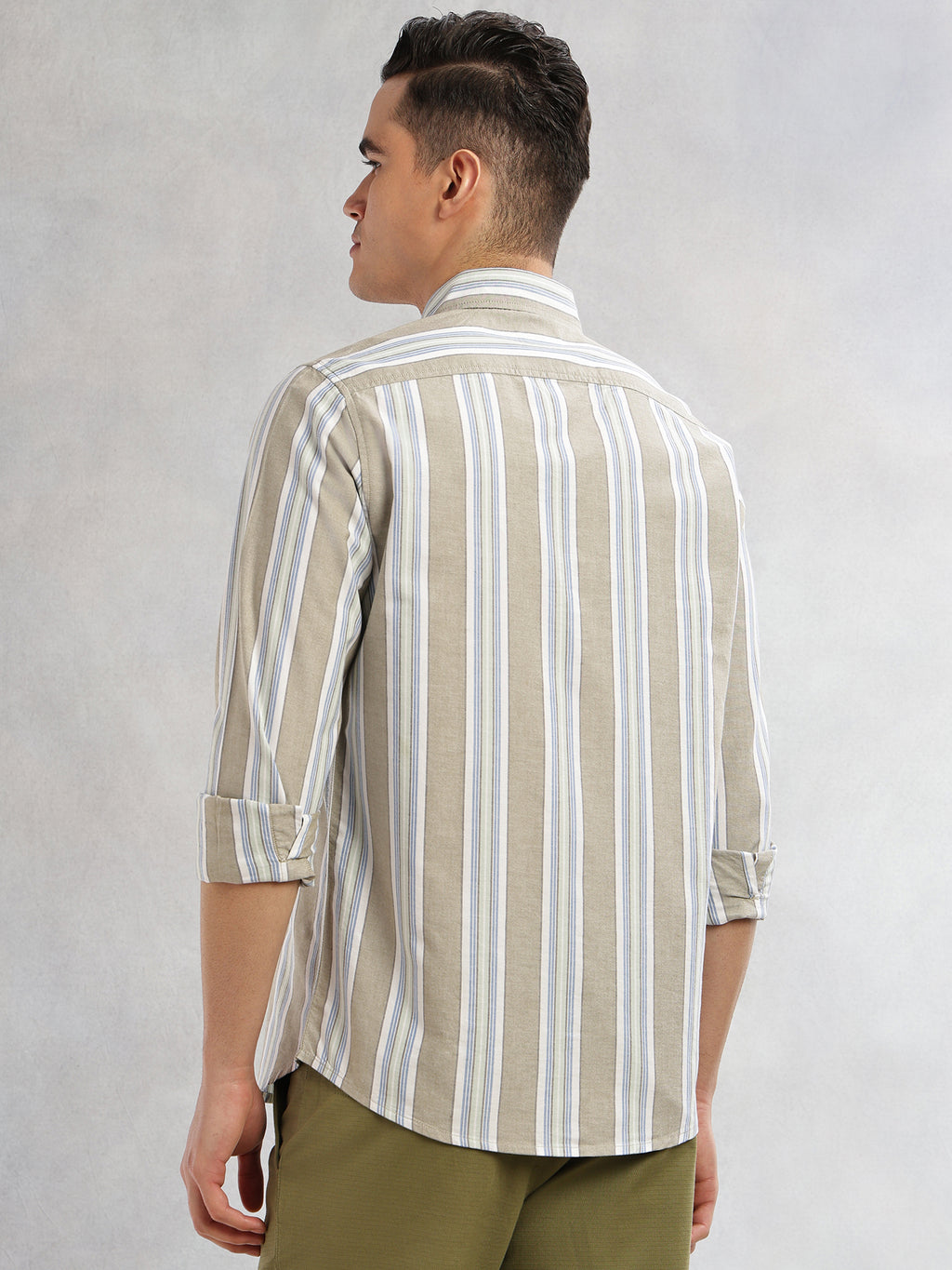 Thomas Scott Men Green Cricket Club Collection Slim Fit Long Sleeves Button-Down Collar Multi Stripes 100% Cotton Casual Shirt