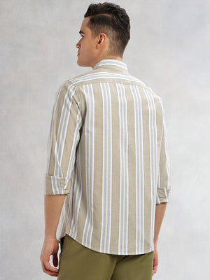 Thomas Scott Men Green Cricket Club Collection Slim Fit Long Sleeves Button-Down Collar Multi Stripes 100% Cotton Casual Shirt
