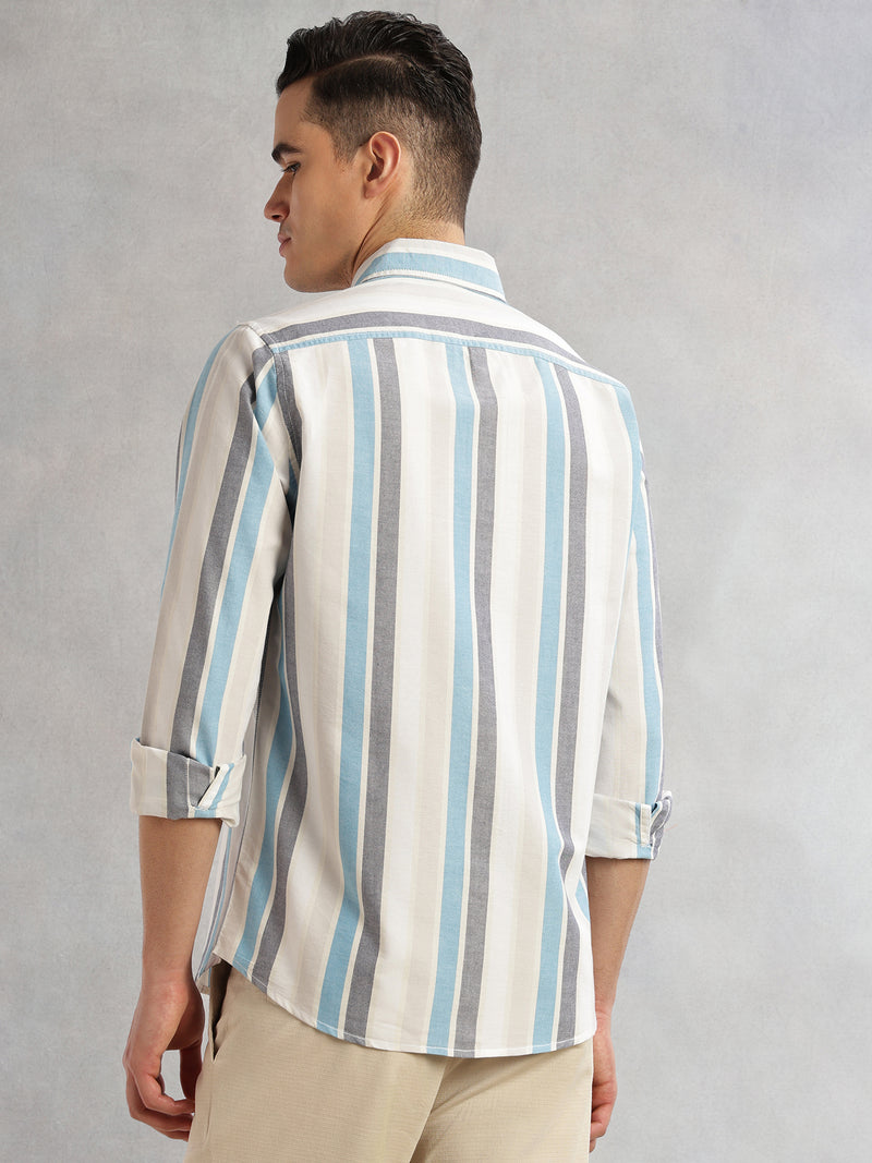 Thomas Scott Men Blue Cricket Club Collection Slim Fit Long Sleeves Button Down Collar Multi Stripes Oxford Casual Shirt
