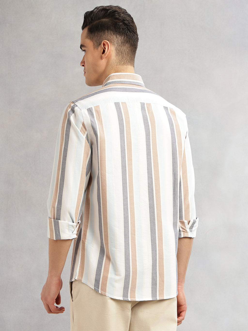 Thomas Scott Men White Cricket Club Collection Slim Fit Long Sleeves Button Down Collar Multi Stripes Oxford Casual Shirt