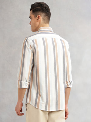 Thomas Scott Men White Cricket Club Collection Slim Fit Long Sleeves Button Down Collar Multi Stripes Oxford Casual Shirt