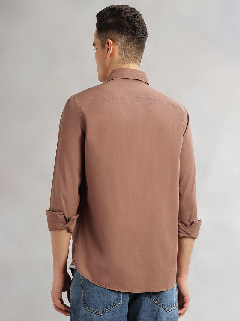 Thomas Scott Men Brown Cricket Club Collection Slim Fit Long Sleeves Spread Collar Solid Cotton Casual Shirt