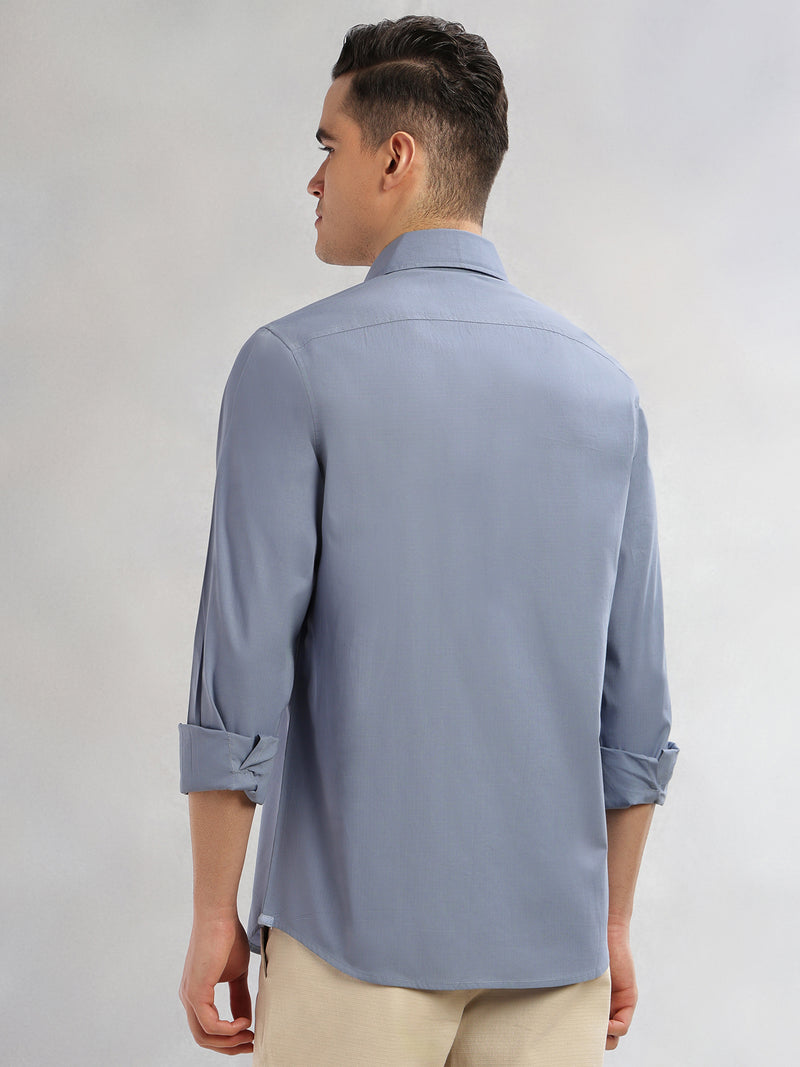 Thomas Scott Men Mid Blue Cricket Club Collection Slim Fit Long Sleeves Spread Collar Solid Cotton Casual Shirt