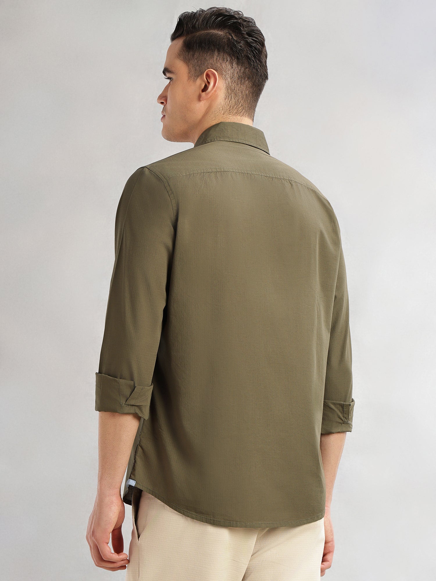 Thomas Scott Men Olive Cricket Club Collection Slim Fit Long Sleeves Spread Collar Solid Cotton Casual Shirt