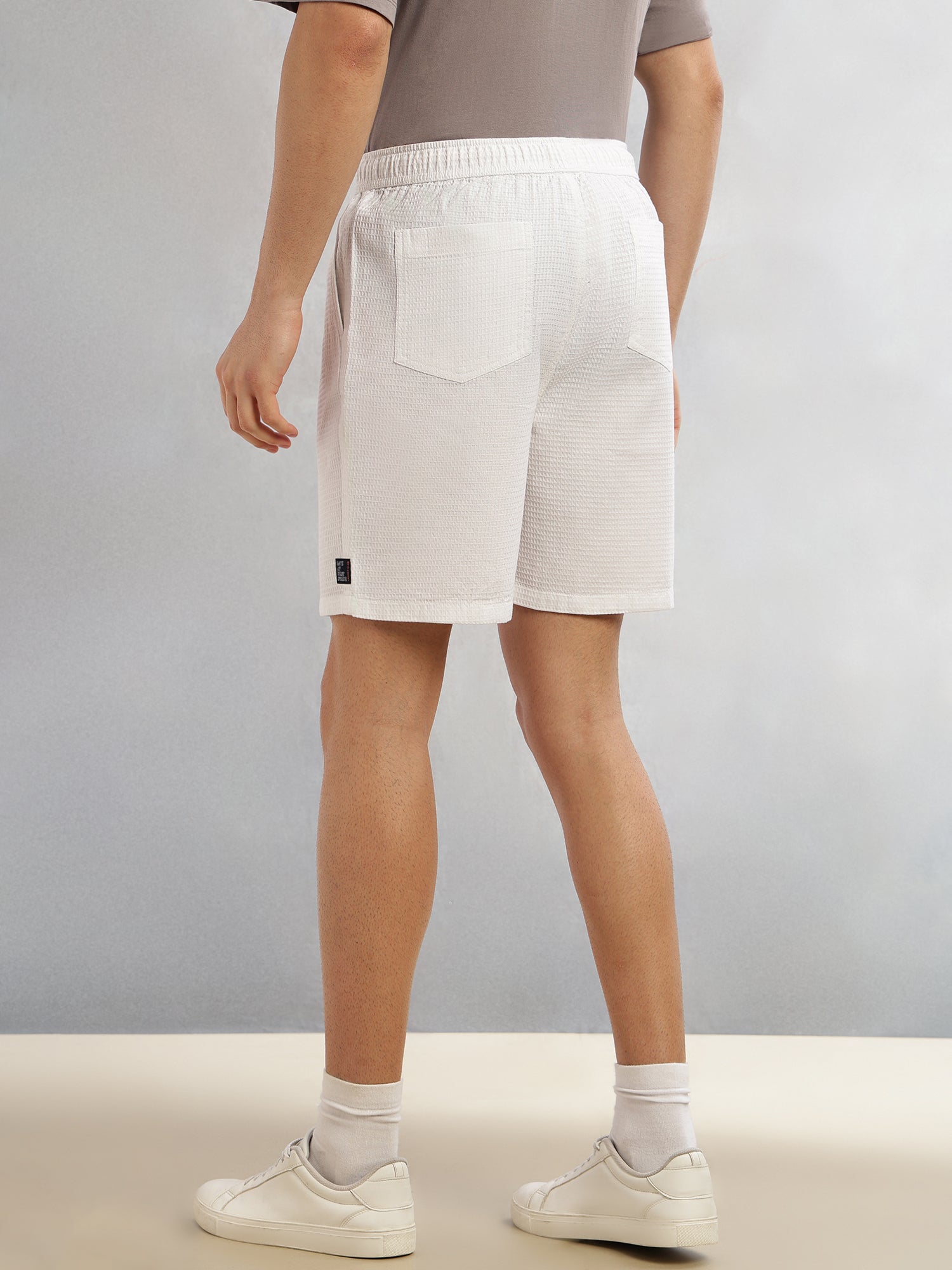Thomas Scott Men White Cricket Club Collection Straight Fit Textured Waffle Cotton Shorts