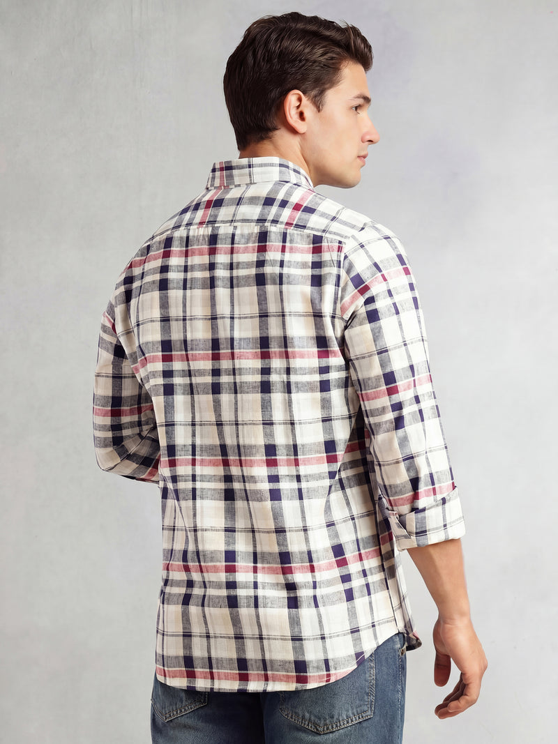 Thomas Scott Men White Cricket Club Collection Slim Fit Long Sleeves Button-Down Collar Cotton Linen Plaid Check Shirt