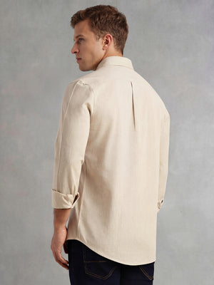 Beige Cricket Club Collection Slim Fit Long Sleeves Spread Collar Solid Cotton Linen Shirt For Men