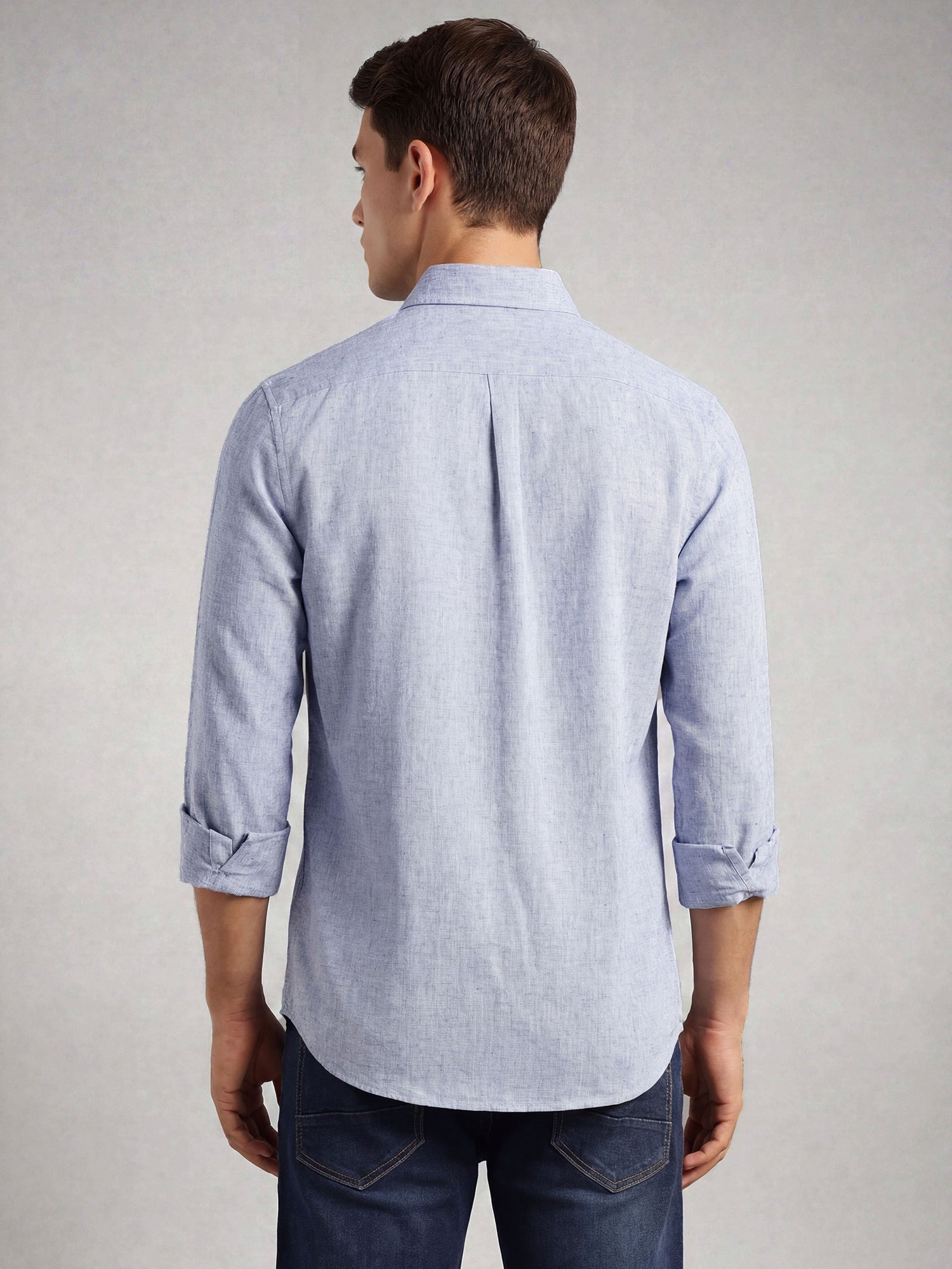 Thomas Scott Men Blue Cricket Club Collection Slim Fit Long Sleeves Spread Collar Solid Cotton Linen Shirt