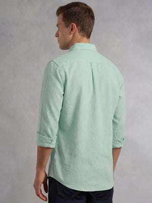 Thomas Scott Men Green Cricket Club Collection Slim Fit Long Sleeves Spread Collar Solid Cotton Linen Shirt
