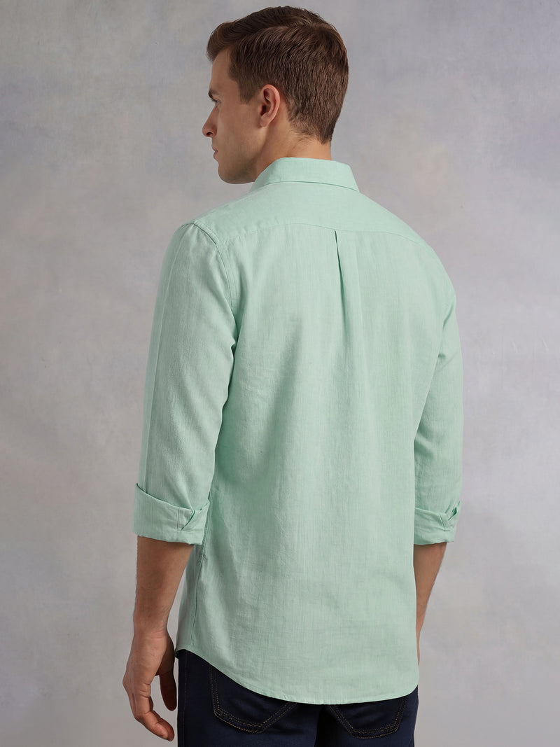 Thomas Scott Men Green Cricket Club Collection Slim Fit Long Sleeves Spread Collar Solid Cotton Linen Shirt