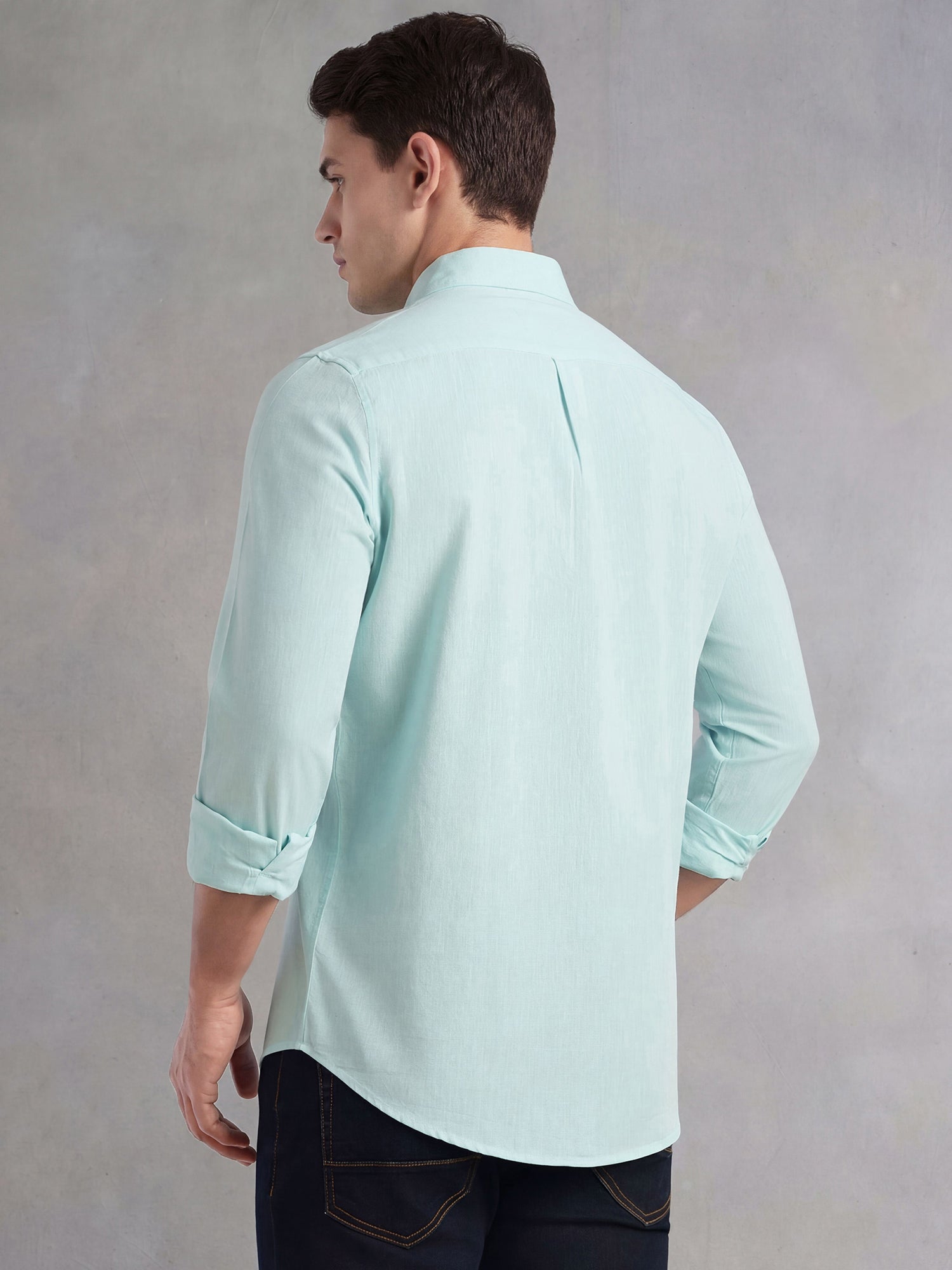 Thomas Scott Men Mint Cricket Club Collection Slim Fit Long Sleeves Spread Collar Solid Cotton Linen Shirt