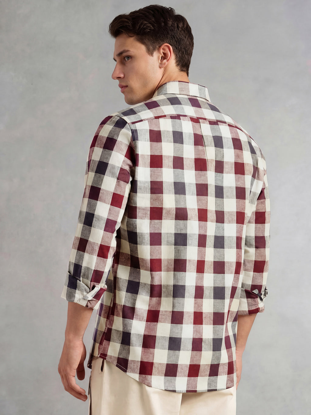 Thomas Scott Men Maroon Cricket Club Collection Long Sleeves Button-Down Collar Cotton Linen Gingham Checks Shirt